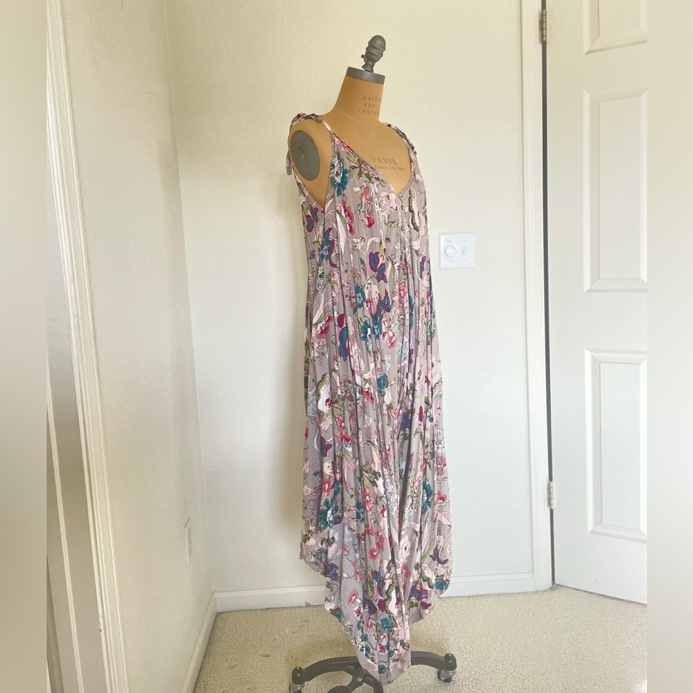 Bali Prema Taupe Floral Gypsy Jumpsuit lightweight resort wear. One size.
